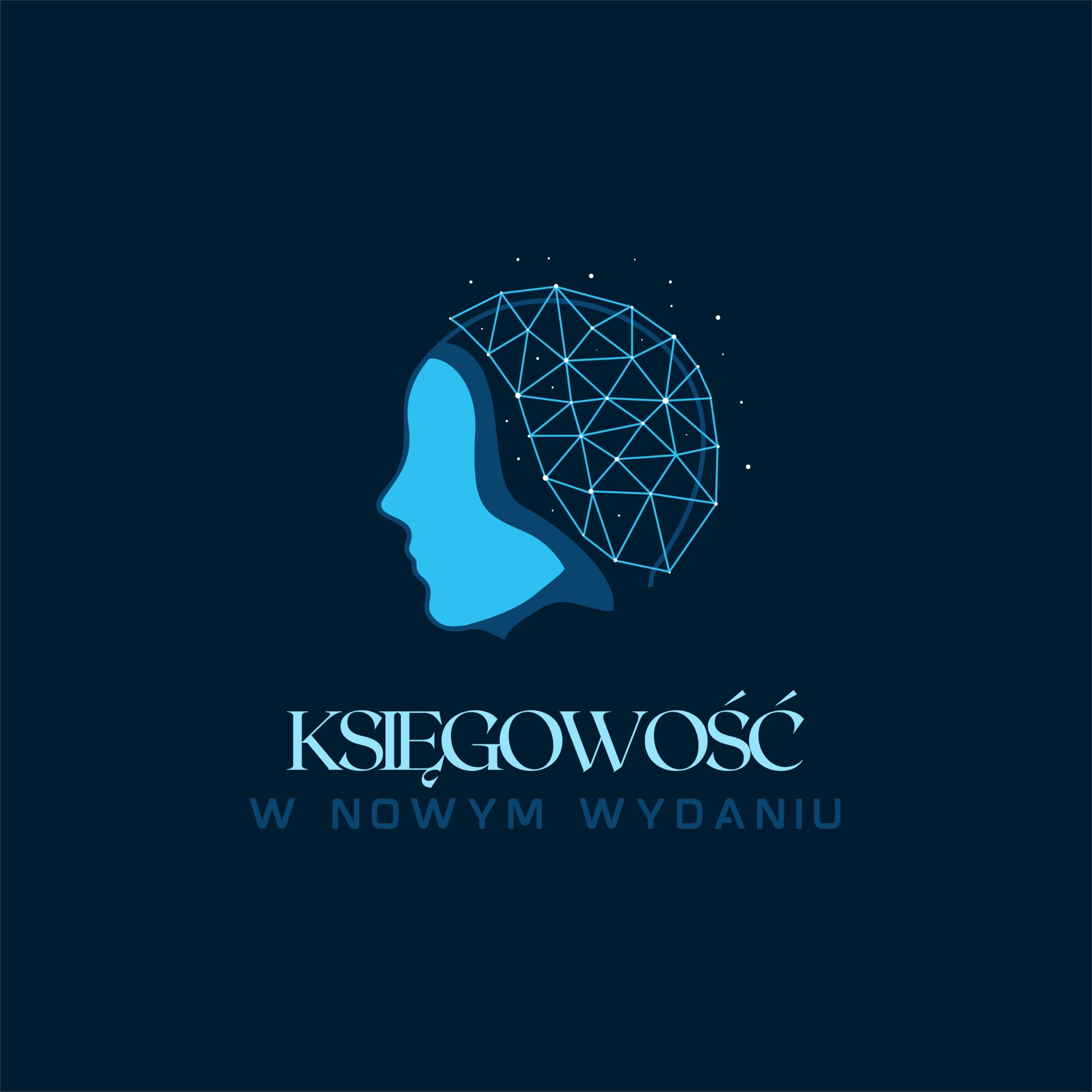 Niebieskie logo przedstawiające profil głowy kobiety z siatką geometryczną symbolizującą włosy, pod spodem napis 'KSIĘGOWOŚĆ W NOWYM WYDANIU'.