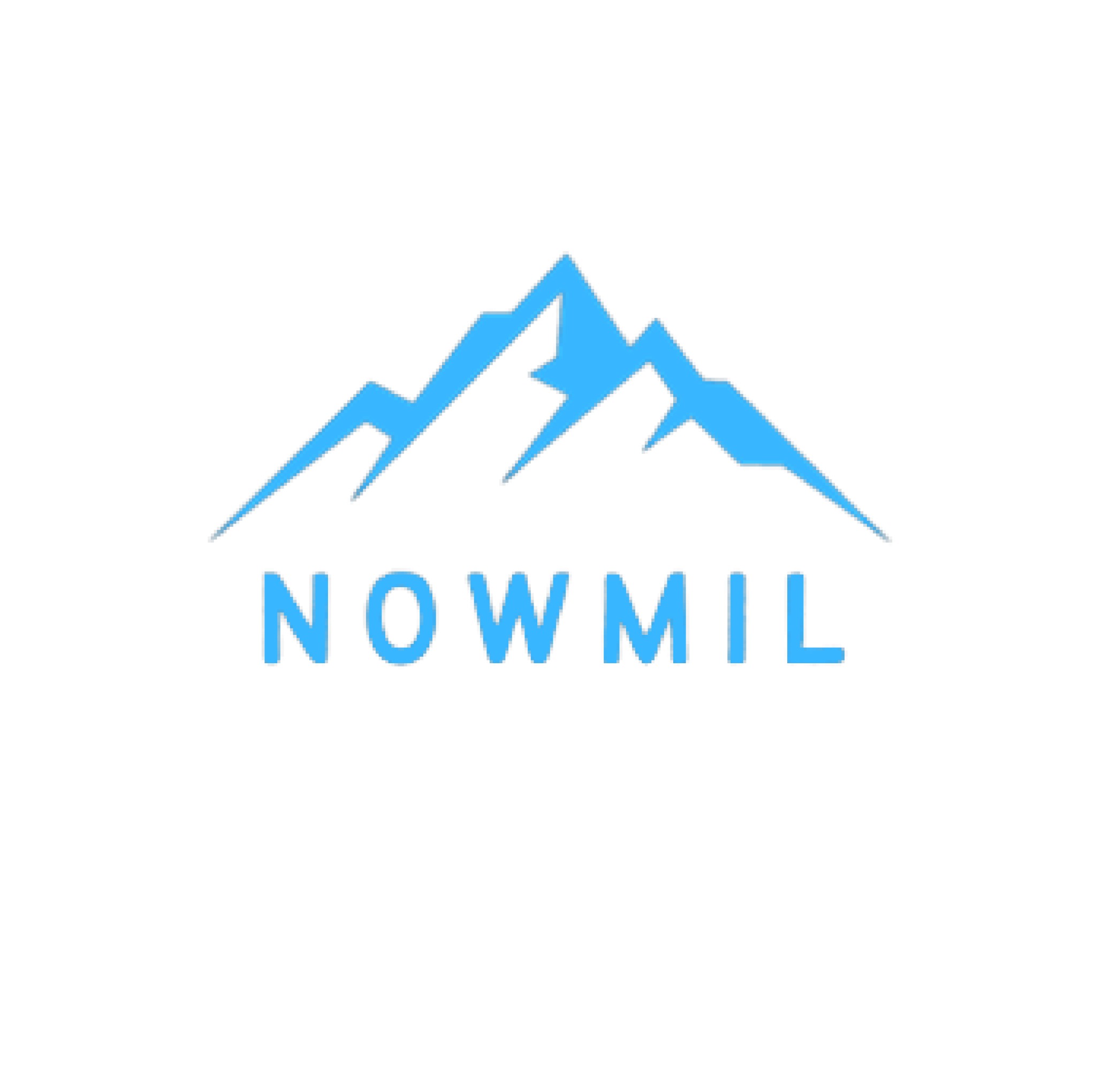Minimalistyczne logo firmy NOWMIL przedstawiające stylizowane, błękitne góry na białym tle.