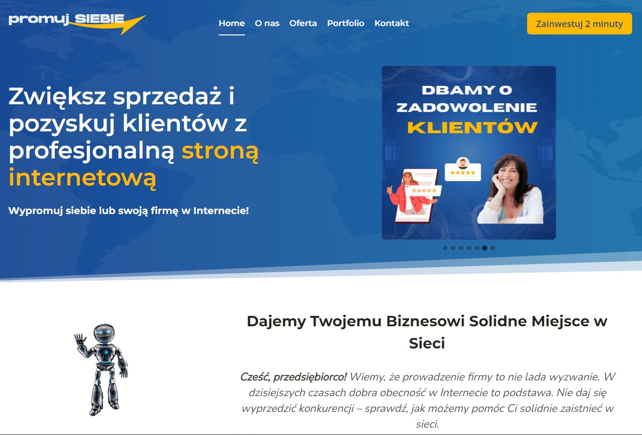 Strona internetowa z hasłem 'Zwiększ sprzedaż i pozyskuj klientów z profesjonalną stroną internetową' oraz grafiką kobiety i oceny pięciogwiazdkowej.