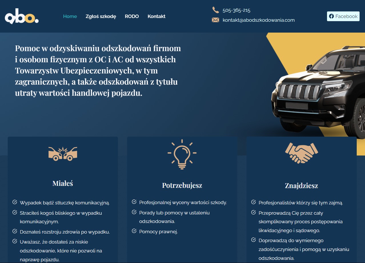 Strona internetowa firmy odszkodowawczej z grafiką samochodu SUV i ikonami usług: pomoc po wypadku, wycena szkody, wsparcie prawne.