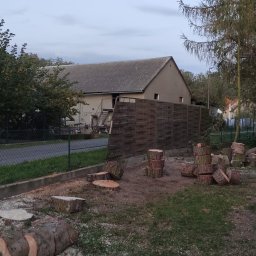 Drzewołazik Usługi Ogrodnicze Bartosz Nawojczyk - Teren po wycince drzew: pnie ułożone w stosy, widoczny fragment ogrodzenia, budynki w tle, osoba zamiatająca chodnik przy schodach.