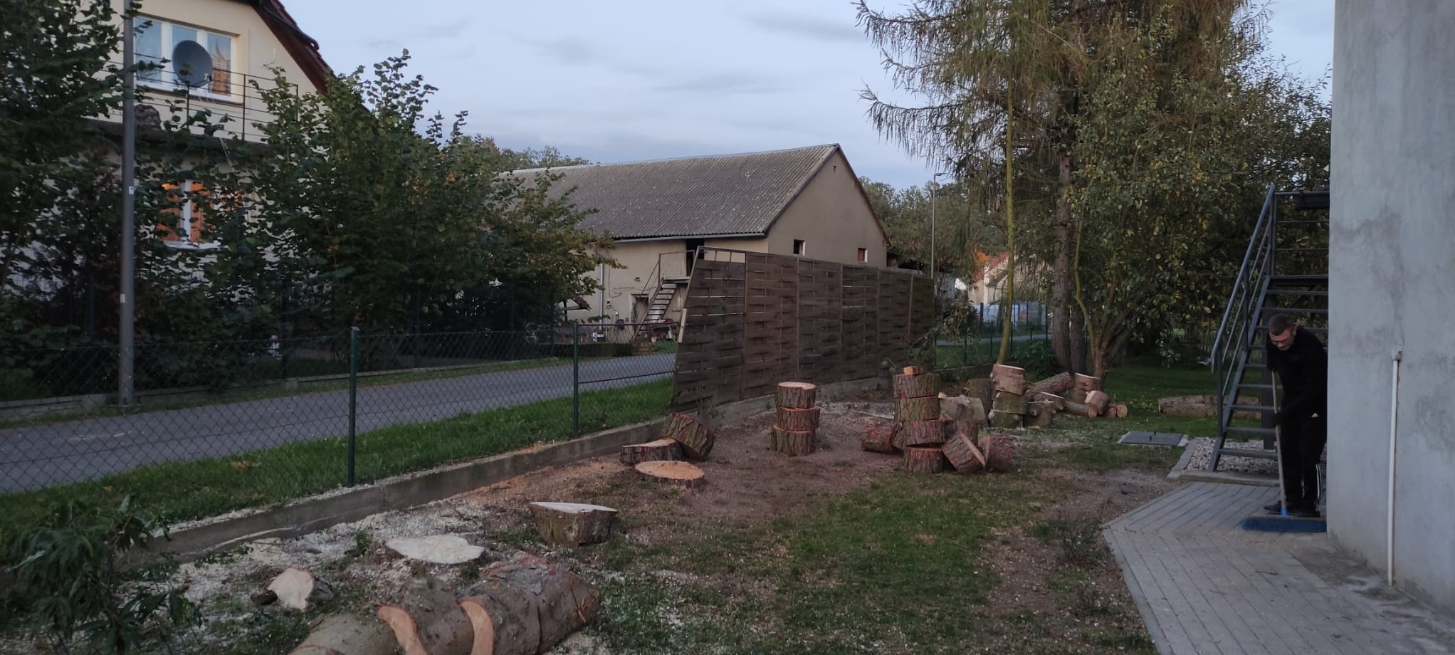 Teren po wycince drzew: pnie ułożone w stosy, widoczny fragment ogrodzenia, budynki w tle, osoba zamiatająca chodnik przy schodach.