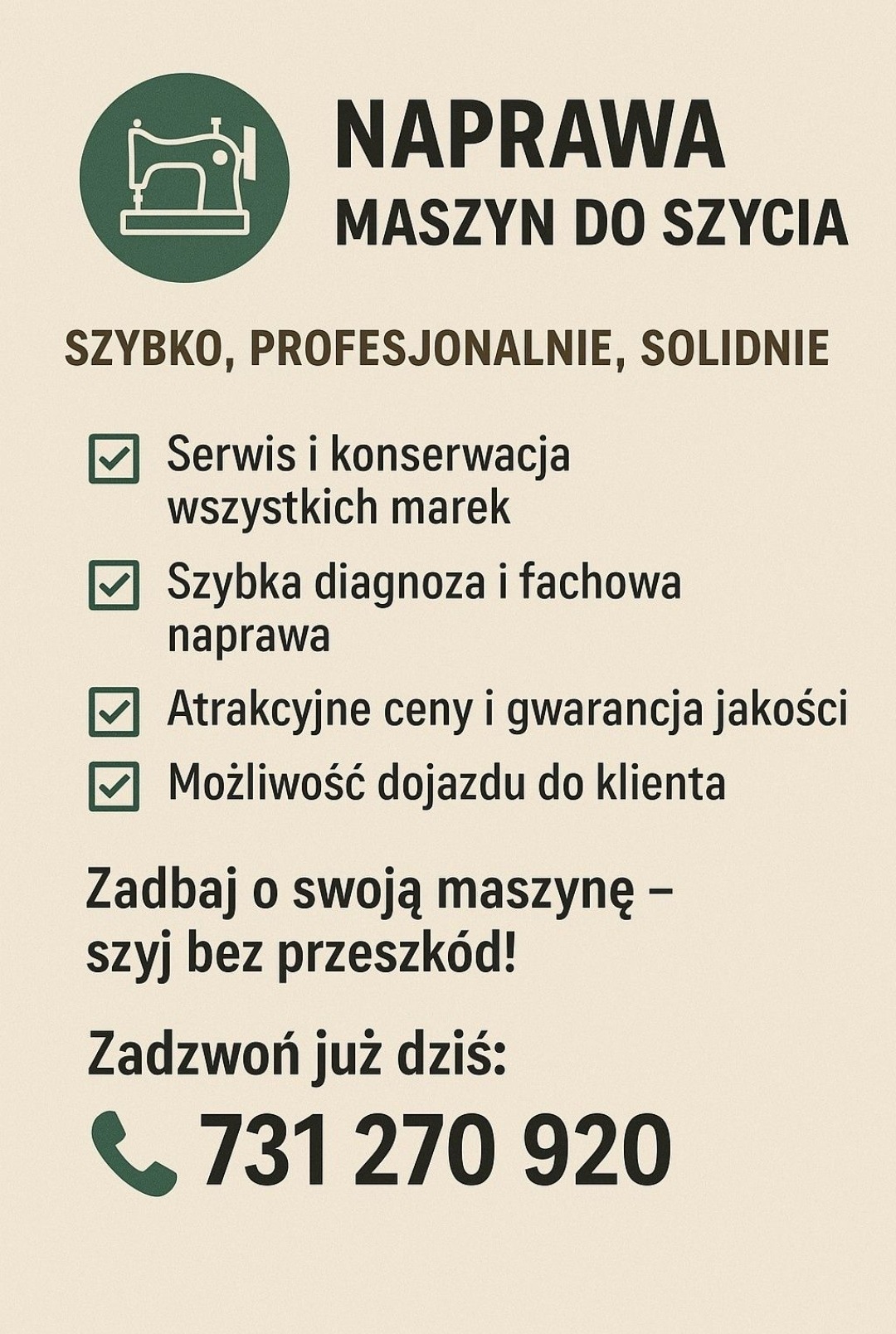 Grafika reklamowa: Naprawa maszyn do szycia, szybka diagnoza, serwis i konserwacja wszystkich marek, atrakcyjne ceny, dojazd do klienta. Numer telefonu.