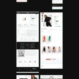 Prezentacja responsywnego projektu strony internetowej z elementami graficznymi w odcieniach różu i czerni, ukazująca różne sekcje strony, takie jak nagłówek, oferta, portfolio i formularz kontaktowy.