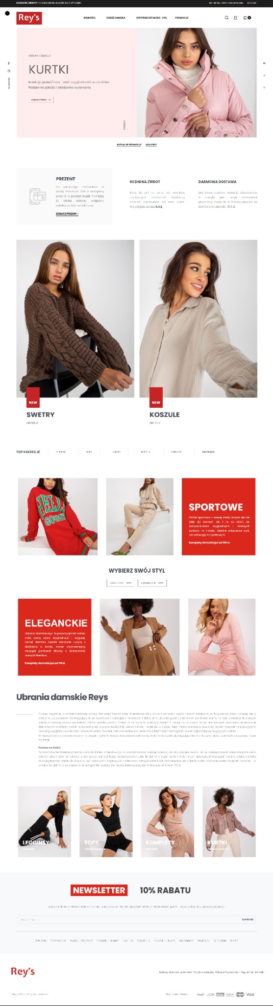 Strona internetowa sklepu odzieżowego Rey's z ofertą kurtek, swetrów, koszul i kompletów damskich.