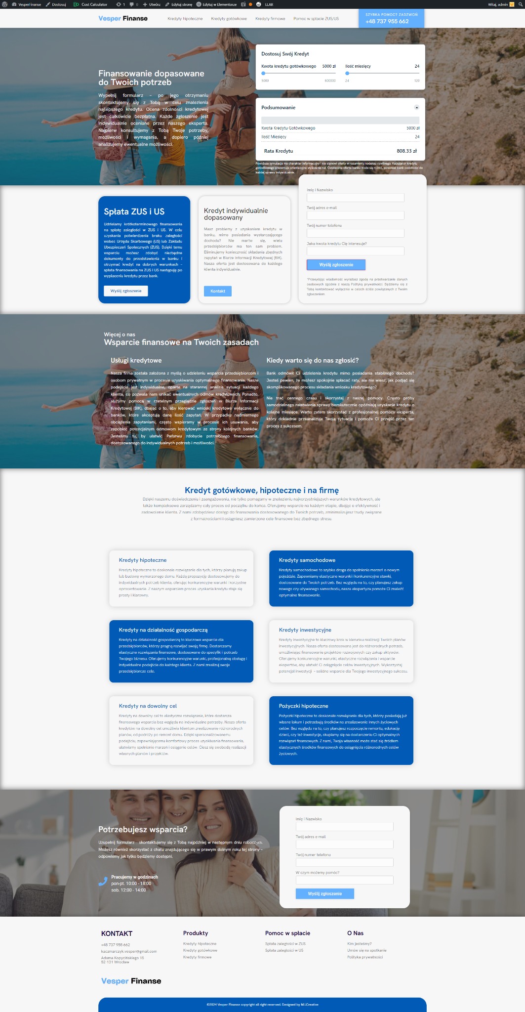 Interaktywny kalkulator kredytowy wbudowany w stronę internetową firmy finansowej, umożliwiający dostosowanie kwoty i okresu spłaty kredytu gotówkowego.
