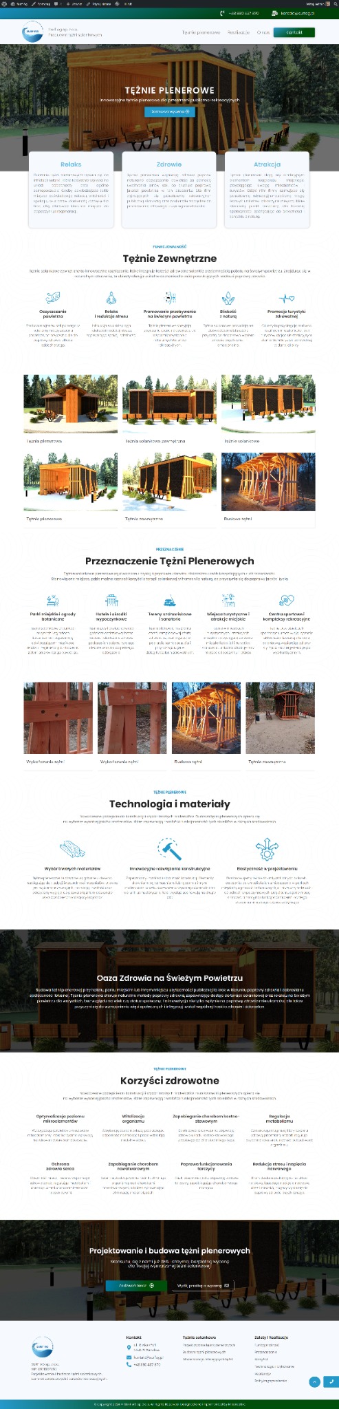 Projekt strony internetowej prezentującej tężnie plenerowe, z widocznymi sekcjami dotyczącymi relaksu, zdrowia, atrakcji, korzyści zdrowotnych i technologii.