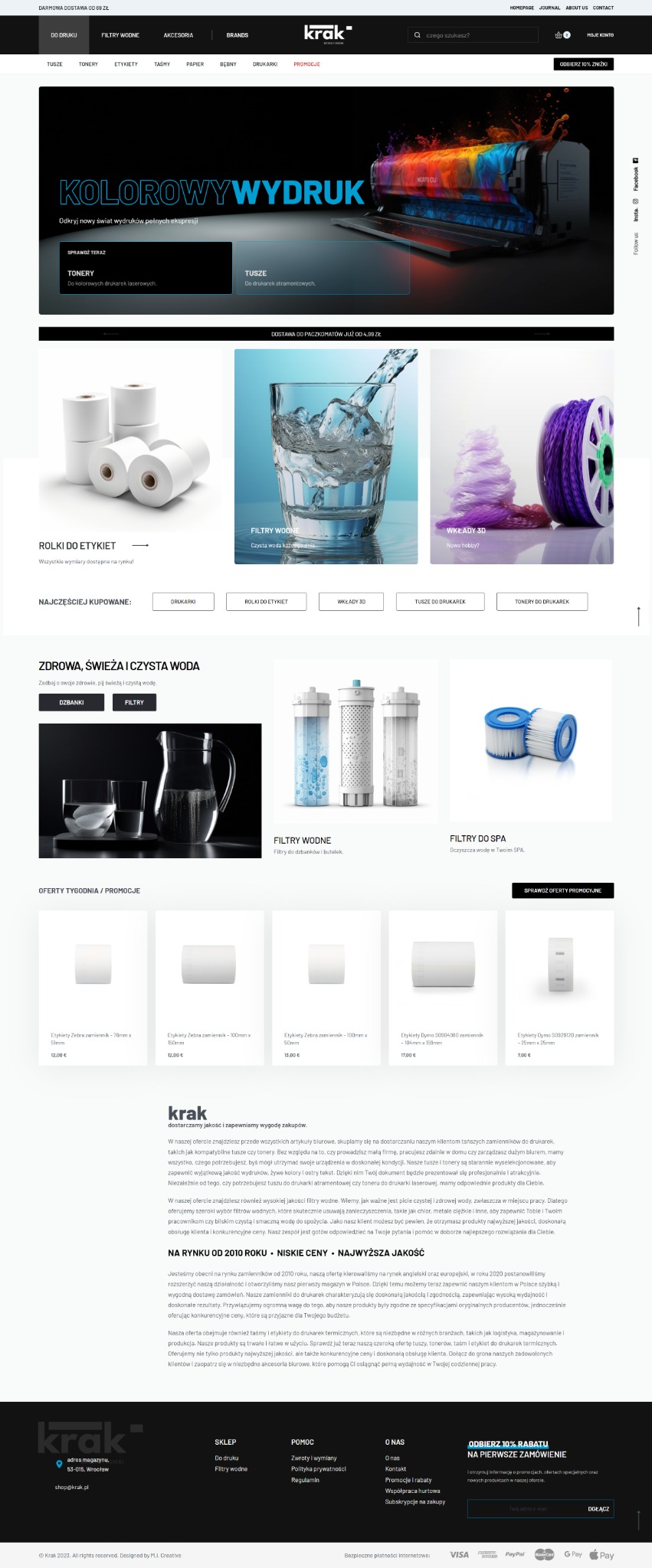Strona internetowa sklepu Krak z ofertą materiałów eksploatacyjnych do drukarek, filtrów do wody i akcesoriów biurowych. Na banerze głównym drukarka z kolorowym wydrukiem. W sekcjach poniżej rolki...