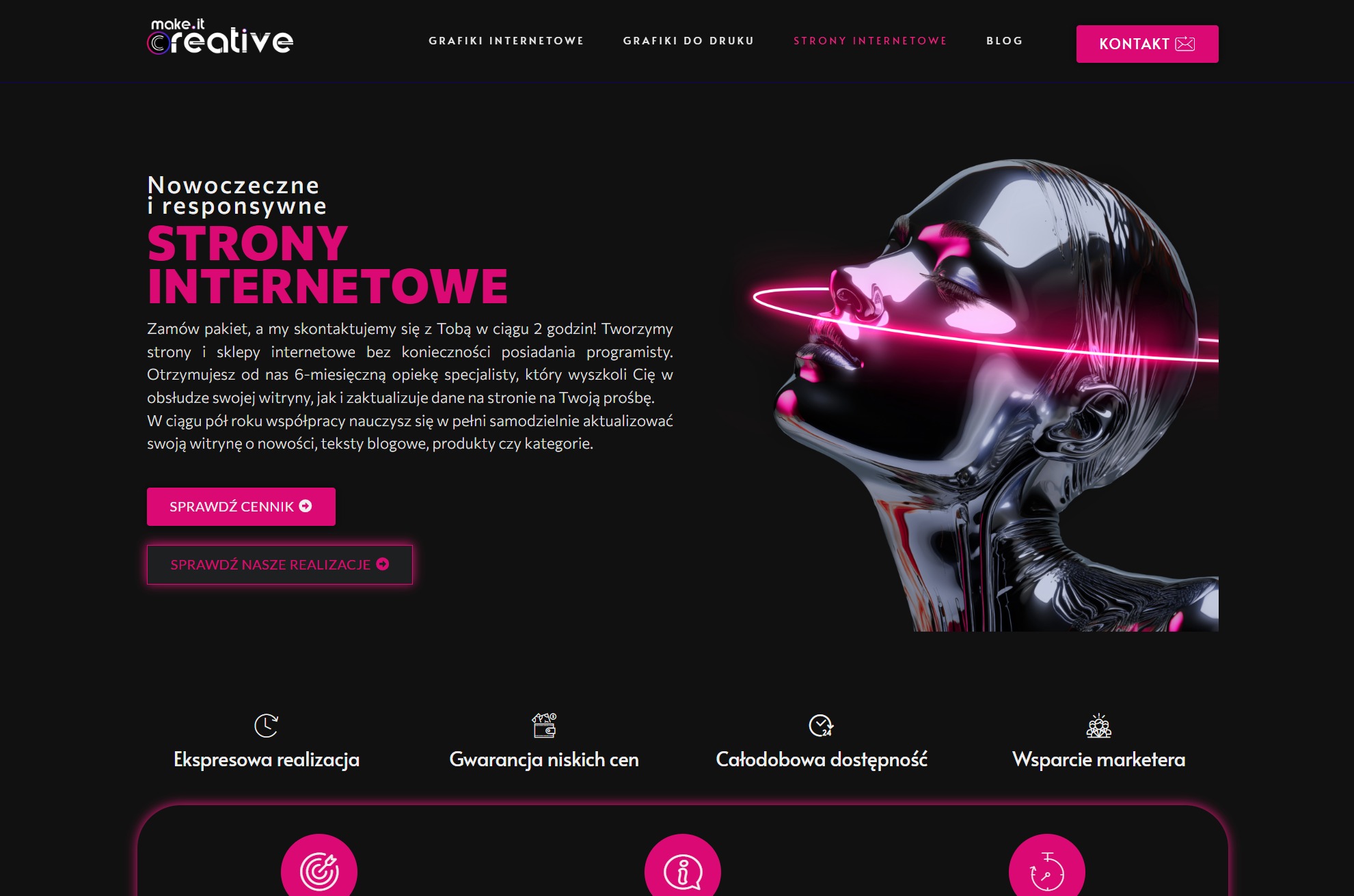 Strona internetowa z metaliczną, futurystyczną grafiką głowy kobiety z różową linią świetlną, nowoczesny design, czarne tło.