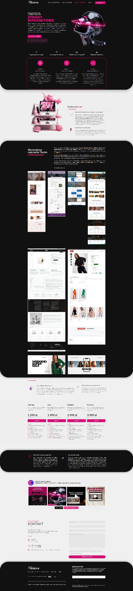 Prezentacja responsywnego projektu strony internetowej z elementami graficznymi w odcieniach różu i czerni, ukazująca różne sekcje strony, takie jak nagłówek, oferta, portfolio i formularz kontaktowy.