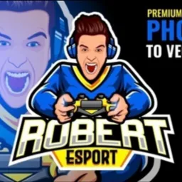 Karykatura gracza z kontrolerem, w stylu wektorowym, z napisem 'Robert Esport'.