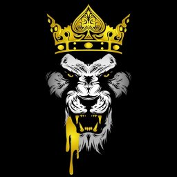 Kuba Tu - Grafika przedstawiająca głowę lwa w odcieniach szarości z żółtymi oczami i złotą koroną z symbolem pika oraz złotymi kroplami spływającymi z pyska na czarnym tle.