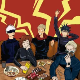 Ilustracja cyfrowa przedstawiająca grupę pięciu postaci w stylu anime siedzących przy drewnianym stole zastawionym sushi, ramen i onigiri na tle czerwonej ściany z żółtymi błyskawicami.