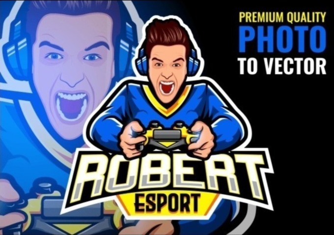 Karykatura gracza z kontrolerem, w stylu wektorowym, z napisem 'Robert Esport'.