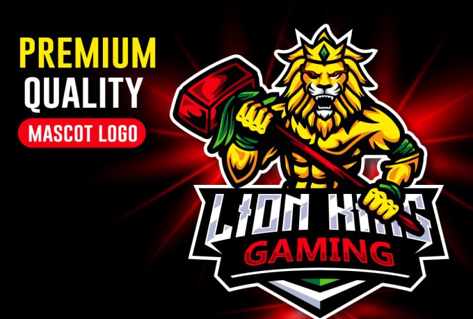 Grafika lwa w koronie, trzymającego młot, z napisem 'Lion King Gaming' na czarno-czerwonym tle z efektem rozbłysku.