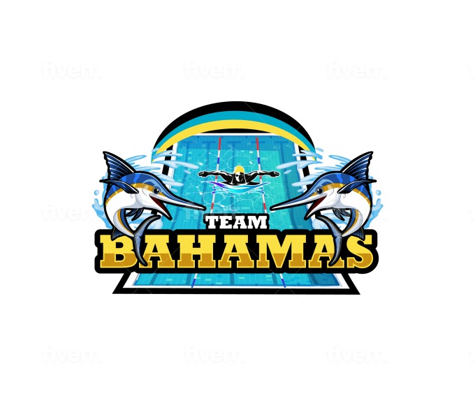Grafika przedstawiająca logo 'Team Bahamas' z motywem pływackim, z dwoma marlinami po bokach i pływakiem na tle basenu pod flagą Bahamów.
