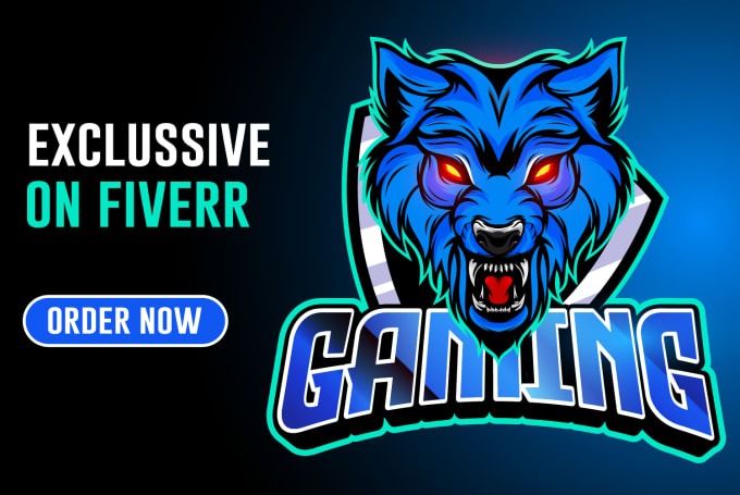 Gaming logo featuring a blue wolf head with glowing red eyes and sharp teeth, displayed alongside 'Exclusive on Fiverr' and an 'Order Now' button.