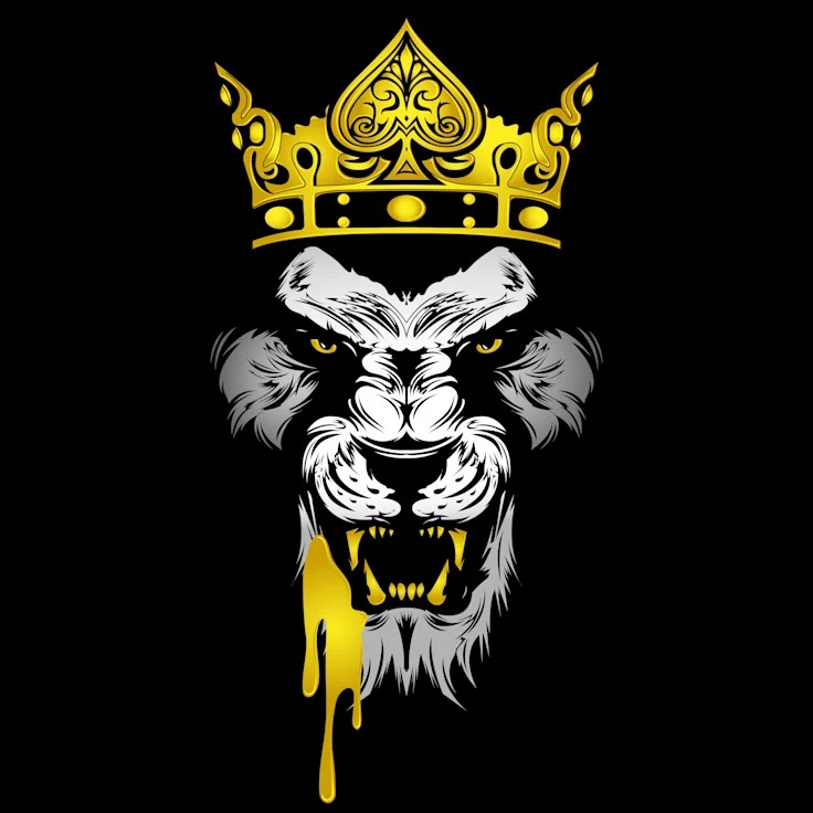 Grafika przedstawiająca głowę lwa w odcieniach szarości z żółtymi oczami i złotą koroną z symbolem pika oraz złotymi kroplami spływającymi z pyska na czarnym tle.