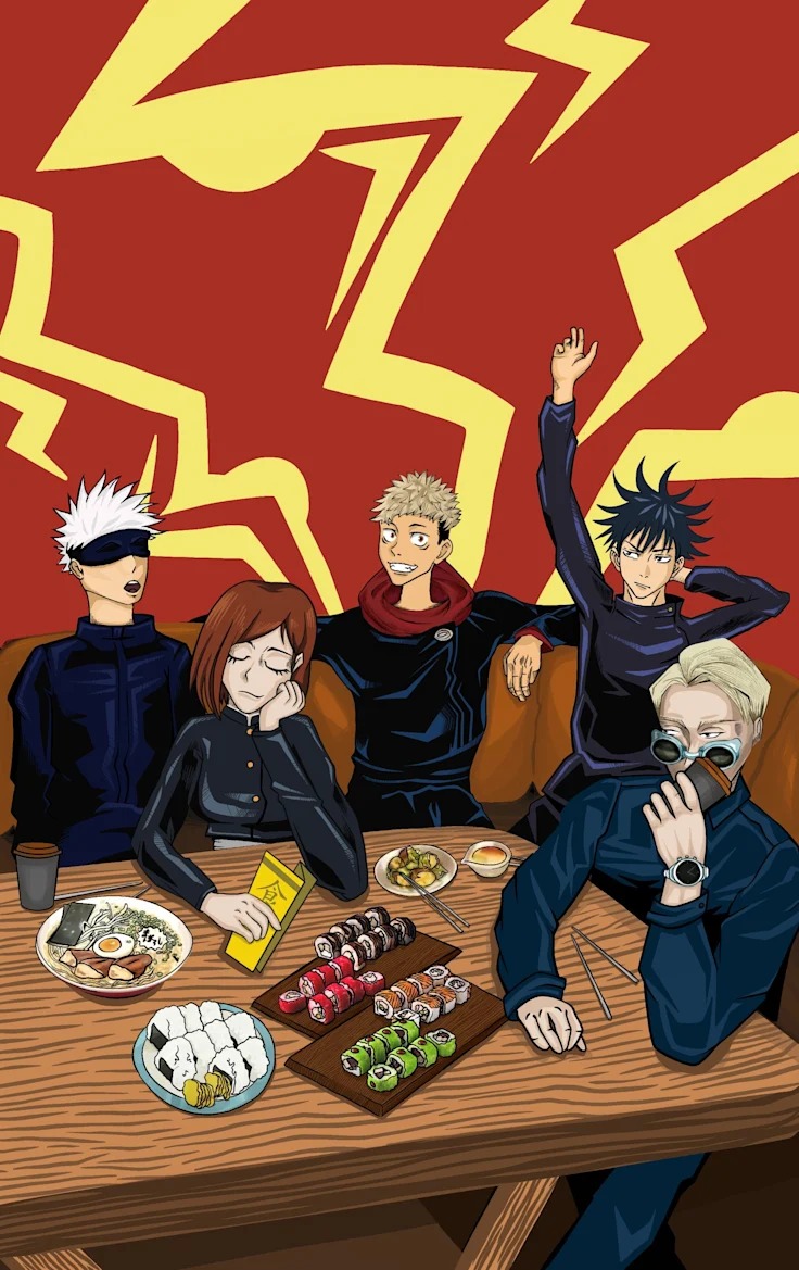 Ilustracja cyfrowa przedstawiająca grupę pięciu postaci w stylu anime siedzących przy drewnianym stole zastawionym sushi, ramen i onigiri na tle czerwonej ściany z żółtymi błyskawicami.