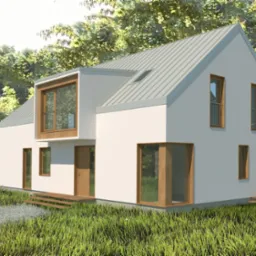 Wizualizacja nowoczesnego domu jednorodzinnego z białymi ścianami, szarym dachem z blachy trapezowej i drewnianymi ramami okiennymi, otoczonego zielenią drzew i trawnika.
