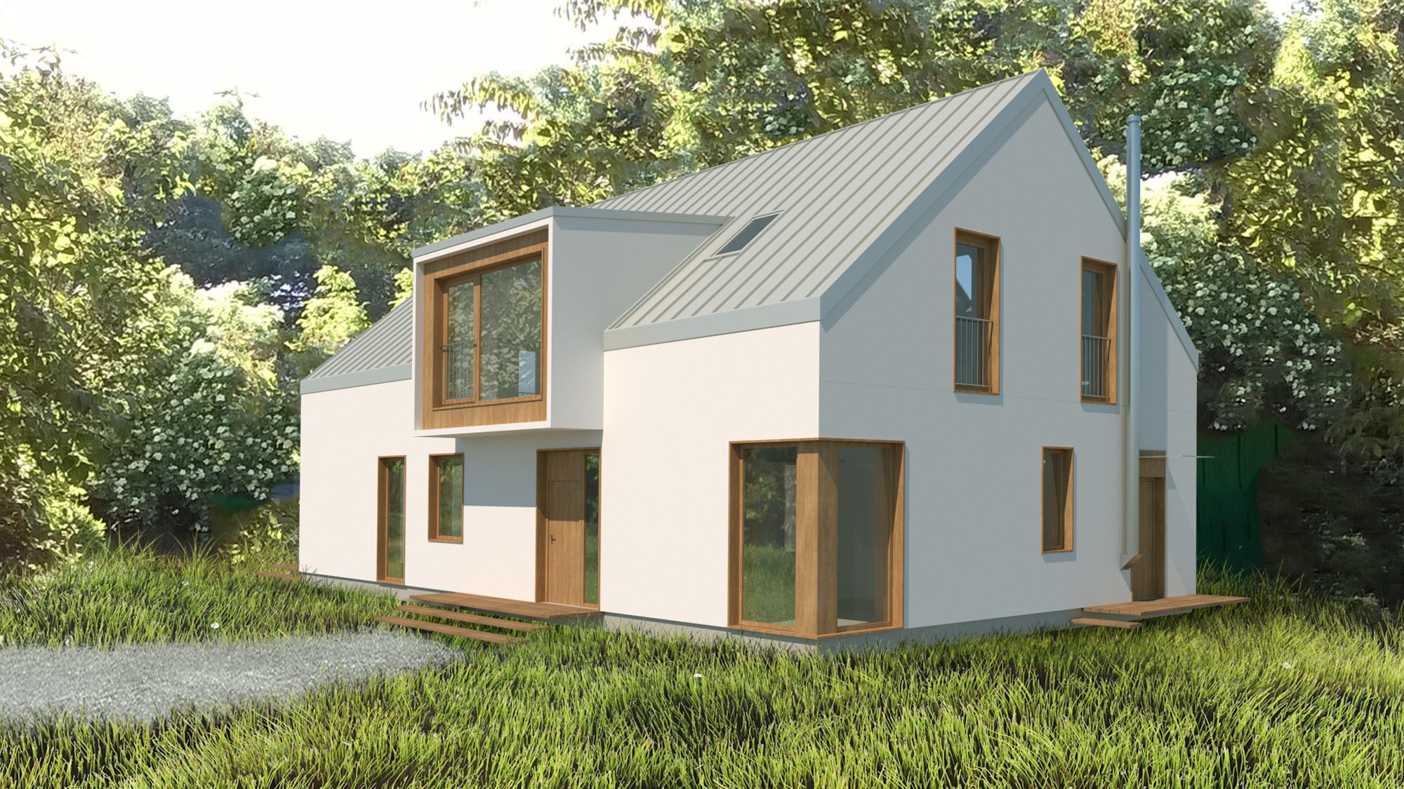 Wizualizacja nowoczesnego domu jednorodzinnego z białymi ścianami, szarym dachem z blachy trapezowej i drewnianymi ramami okiennymi, otoczonego zielenią drzew i trawnika.