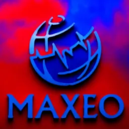 Niebieskie logo firmy MAXEO z motywem globu na czerwono-niebieskim tle.
