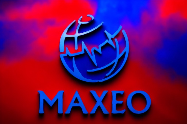 Niebieskie logo firmy MAXEO z motywem globu na czerwono-niebieskim tle.