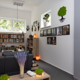 GABINET WSPARCIA I ROZWOJU HIPNOODNOWA DAMIAN STANIEK - Przytulne wnętrze gabinetu hipnoterapii z dekoracjami: drzewko z mchu, łapacze snów, lampy solne i obrazy na ścianie. W tle regał z książkami.