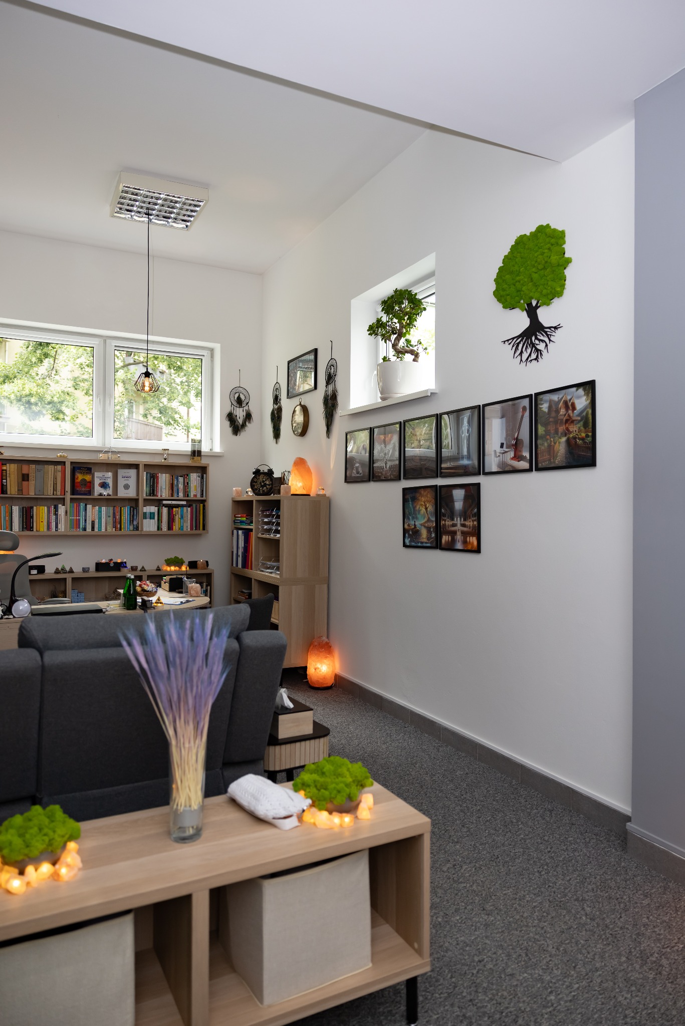 Przytulne wnętrze gabinetu hipnoterapii z dekoracjami: drzewko z mchu, łapacze snów, lampy solne i obrazy na ścianie. W tle regał z książkami.