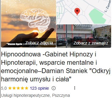 Grafika gabinetu Hipnoodnowa w Pszczynie: dłoń trzymająca mózg, mapa i budynek. Wsparcie mentalne i emocjonalne, usługi hipnoterapeutyczne.