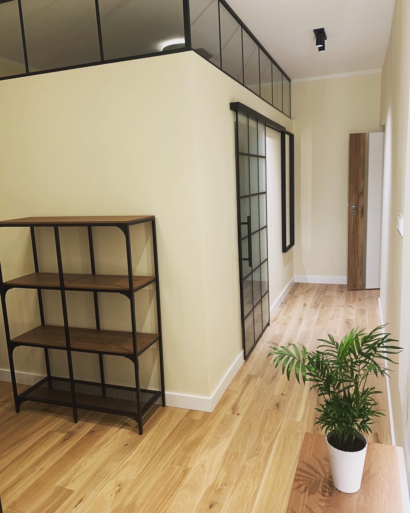 Jasne wnętrze z drewnianą podłogą, metalowym regałem, szklanymi drzwiami przesuwnymi w czarnej ramie i rośliną doniczkową.