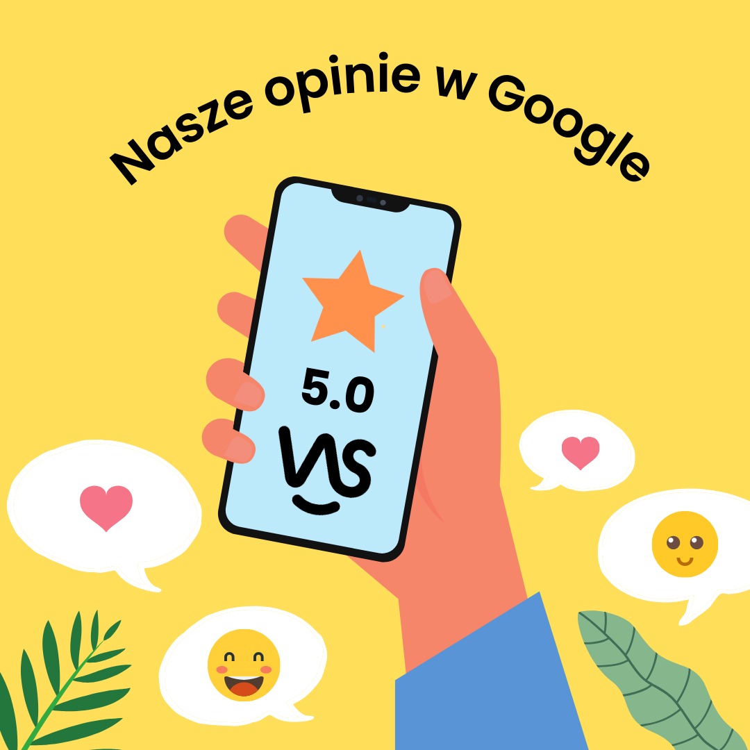 Stylizowana grafika przedstawiająca dłoń trzymającą smartfon z oceną 5.0 i napisem 'Nasze opinie w Google', otoczone dymkami z ikonami serc i uśmiechów, promująca widoczność firmy z Warszawy...
