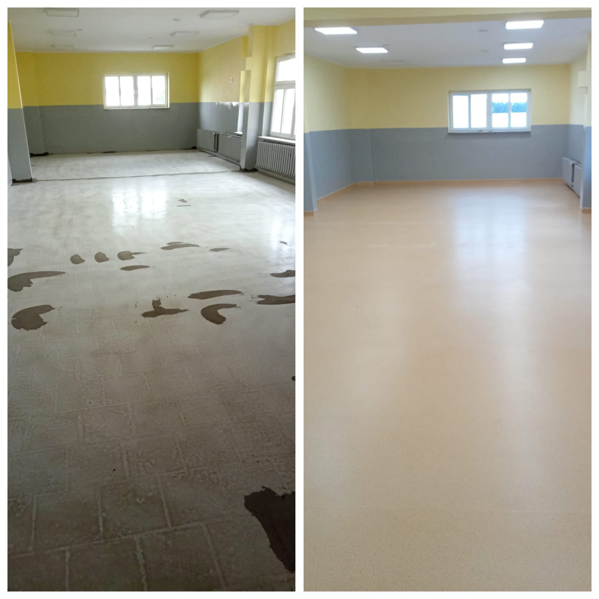 Porównanie stanu posadzki przed i po wykonaniu wylewki jastrychowej w przestronnym pomieszczeniu z żółto-szarymi ścianami i oknem.