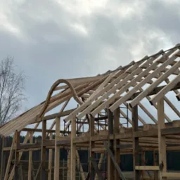 Surowa drewniana konstrukcja domu w trakcie budowy, z widoczną więźbą dachową i elementami ścian, na tle pochmurnego nieba i drzew bez liści.