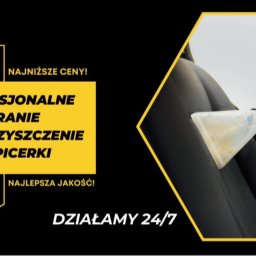 Alan Kacper - Grafika reklamowa: Profesjonalne czyszczenie tapicerki, działamy 24/7. Na zdjęciu fragment czyszczonego fotela samochodowego z użyciem specjalistycznego odkurzacza piorącego.