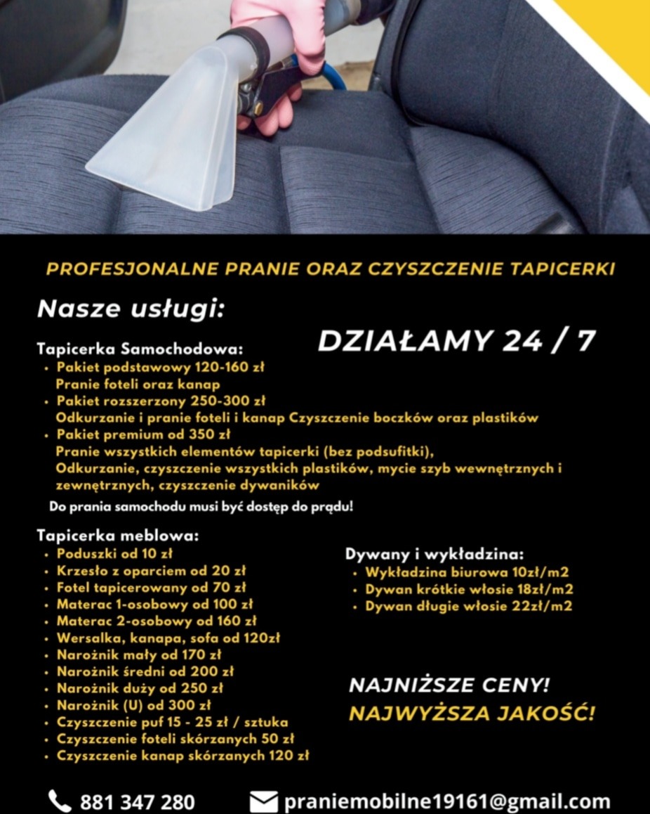 Dysza urządzenia do prania tapicerki samochodowej w trakcie czyszczenia ciemnej, welurowej powierzchni fotela samochodowego.