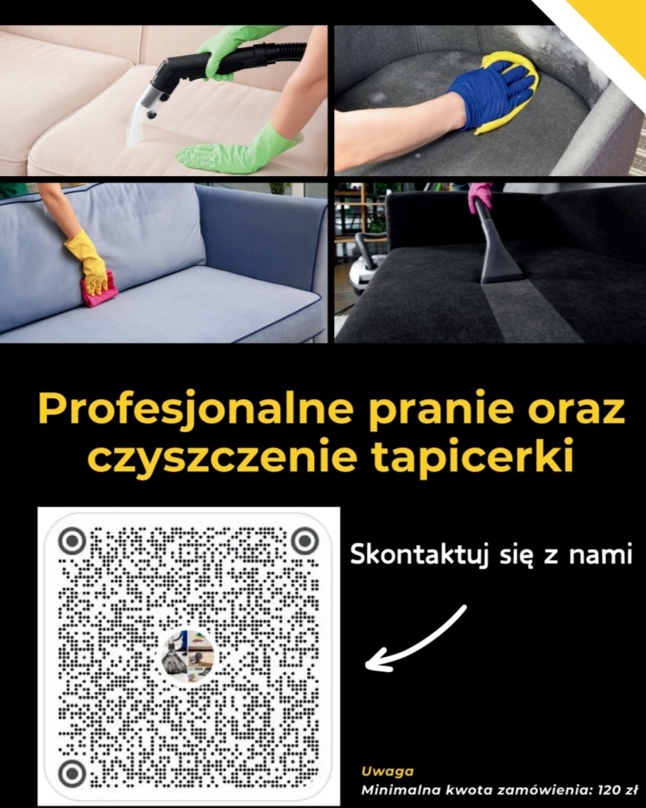 Montaż zdjęć prezentujący etapy czyszczenia tapicerki meblowej: odświeżanie jasnej sofy, usuwanie plam z szarego fotela, czyszczenie narożnika z granatową tapicerką oraz pranie ciemnej kanapy...
