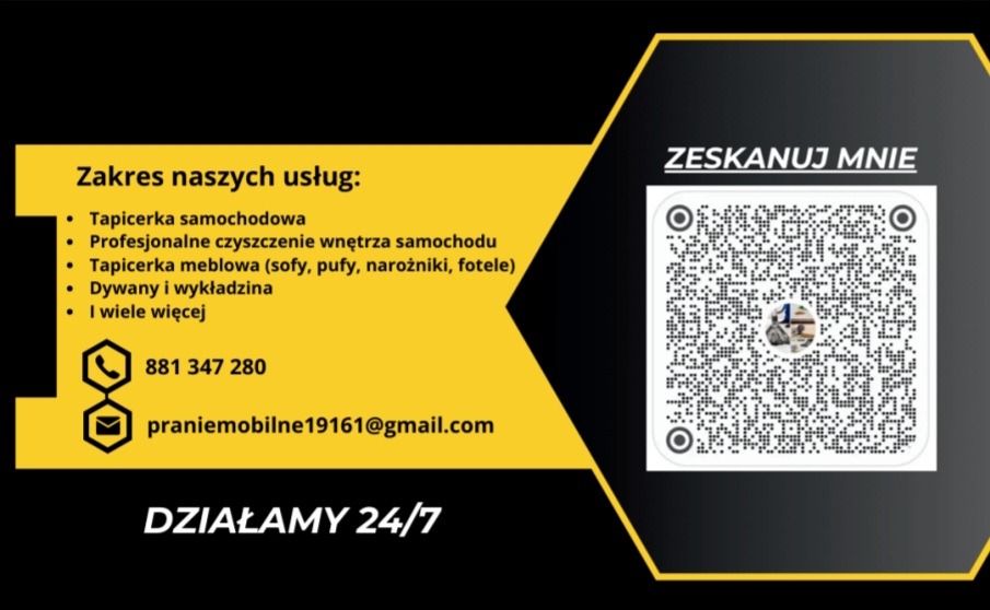 Grafika reklamowa firmy oferującej usługi czyszczenia tapicerki samochodowej, meblowej oraz dywanów, z numerem telefonu, adresem e-mail i kodem QR do zeskanowania.