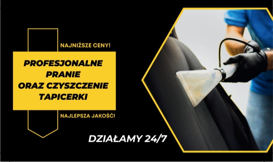 Grafika reklamowa: Profesjonalne czyszczenie tapicerki, działamy 24/7. Na zdjęciu fragment czyszczonego fotela samochodowego z użyciem specjalistycznego odkurzacza piorącego.