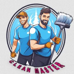 Ilustracja dw&oacute;ch uśmiechniętych mężczyzn w niebieskich koszulkach i rękawicach, jeden w czapce, drugi z brodą, trzymających dużą szczotkę na tle stylizowanego logo z napisem 'CLEAN MASTER'.