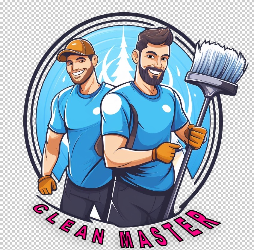 Ilustracja dwóch uśmiechniętych mężczyzn w niebieskich koszulkach i rękawicach, jeden w czapce, drugi z brodą, trzymających dużą szczotkę na tle stylizowanego logo z napisem 'CLEAN MASTER'.