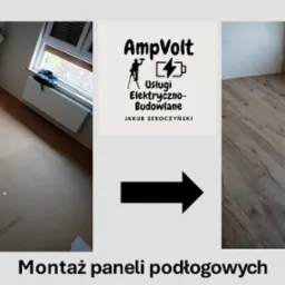 Porównanie stanu pokoju przed i po położeniu paneli podłogowych. Po lewej surowa podłoga, po prawej panele w odcieniach brązu. W centrum logo firmy AmpVolt.