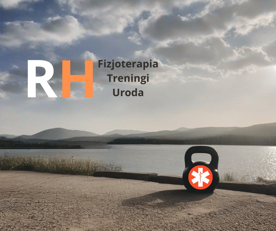 Kettlebell z symbolem medycznym na tle krajobrazu z jeziorem, logo firmy RH z napisem Fizjoterapia, Treningi, Uroda w górnej części kadru.