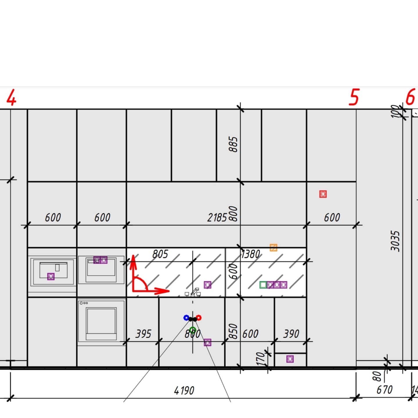 Schemat instalacji elektrycznej w kuchni z wymiarami szafek i urządzeń, widok z góry.