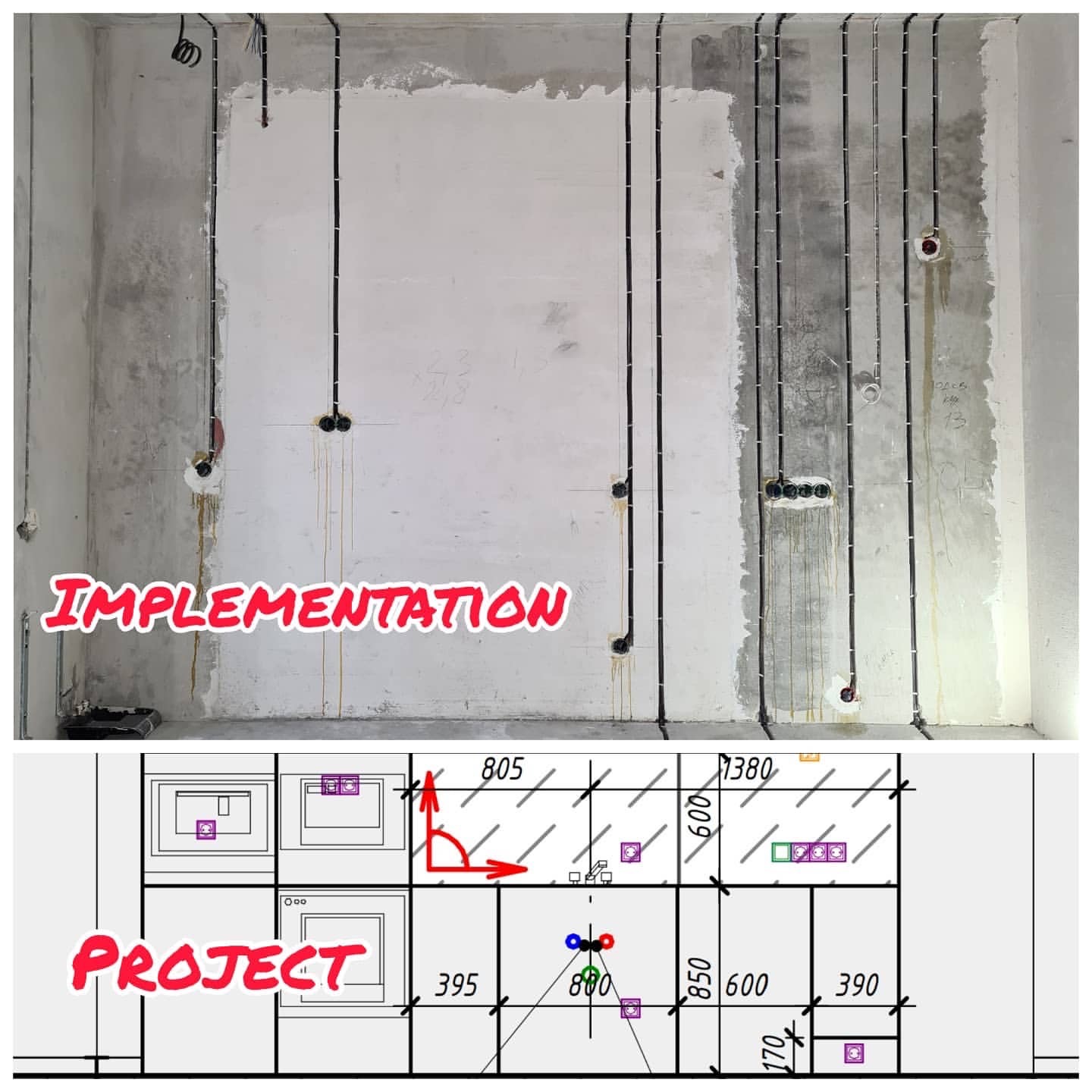 Surowa ściana w trakcie prac, z widocznymi przewodami elektrycznymi ułożonymi pionowo i schematem instalacji elektrycznej w dolnej części zdjęcia.