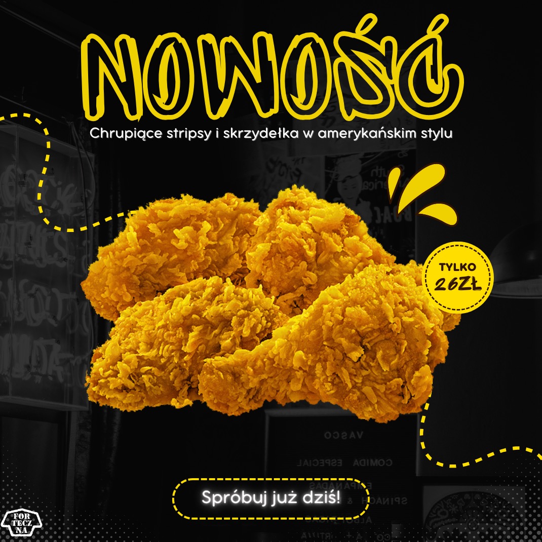 Grafika reklamowa: chrupiące stripsy i skrzydełka w amerykańskim stylu na czarnym tle z żółtymi elementami graficznymi i napisem 'NOWOŚĆ'.
