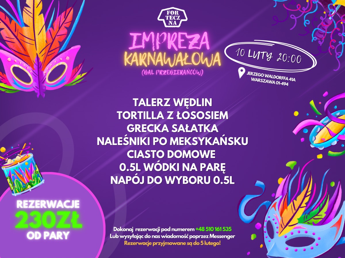 Grafika reklamowa imprezy karnawałowej z maskami, menu i informacją o rezerwacji, utrzymana w fioletowej kolorystyce.