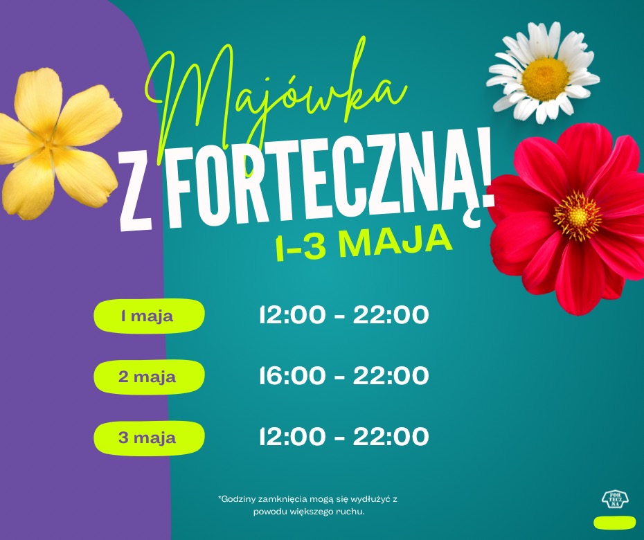 Grafika reklamowa wydarzenia Majówka z Forteczną, trwającego od 1 do 3 maja, z informacją o godzinach otwarcia, ozdobiona kwiatami w kolorach żółtym, białym i czerwonym.