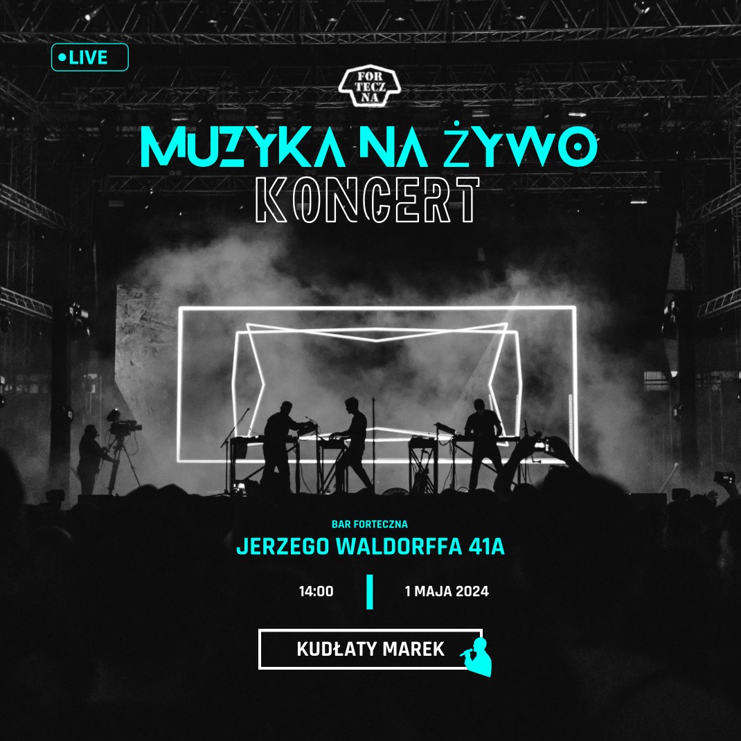 Plakat wydarzenia muzycznego na żywo z sylwetkami muzyków na tle sceny z mgłą i geometrycznym oświetleniem. Tekst 'MUZYKA NA ŻYWO KONCERT' w górnej części, poniżej nazwa miejsca 'BAR FORTECZNA...