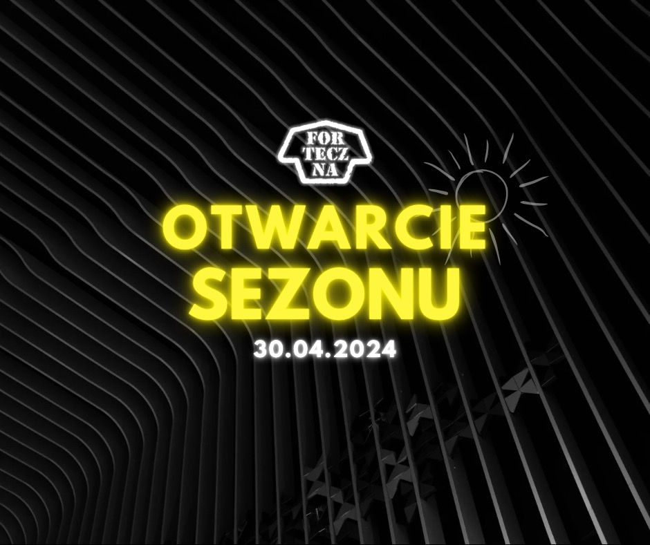 Grafika promocyjna wydarzenia 'Otwarcie Sezonu' z datą 30.04.2024, na abstrakcyjnym tle w odcieniach szarości i bieli, z elementami geometrycznymi i stylizowanym słońcem.